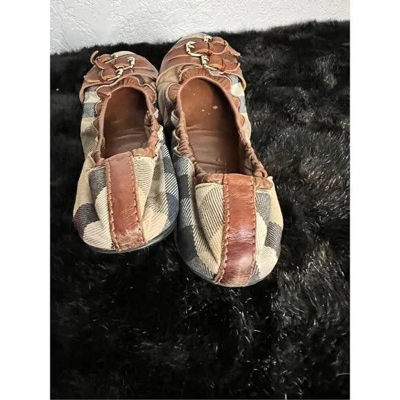 Burberry Brown Leather Canvas Nova Check Three Buckle Ballet Flats Shoes 9.5