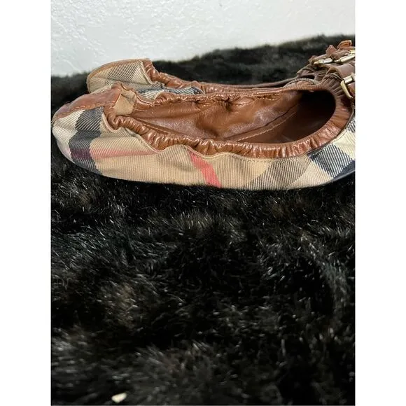 Burberry Brown Leather Canvas Nova Check Three Buckle Ballet Flats Shoes 9.5