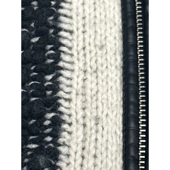 CCC Handcrafted Luxury Black White Poncho Geometric Design Fringe Knit Zip Up OS