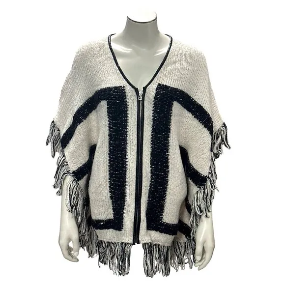 CCC Handcrafted Luxury Black White Poncho Geometric Design Fringe Knit Zip Up OS