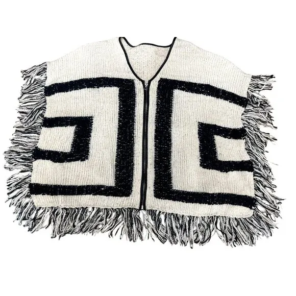 CCC Handcrafted Luxury Black White Poncho Geometric Design Fringe Knit Zip Up OS
