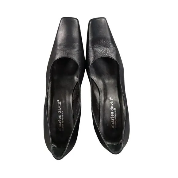 Charles David Shoes Womens 6 Pump Heels Leather Black Spool Square Toe Fashion
