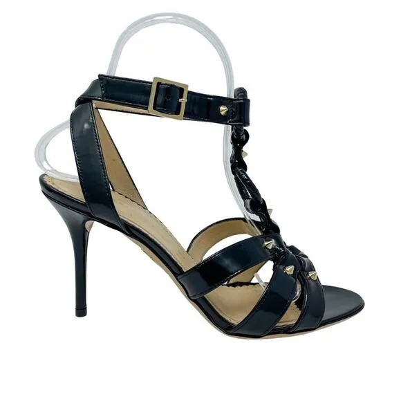 Charlotte Olympia Allure Black Patent Leather Gold Studded Sandal size 37.5