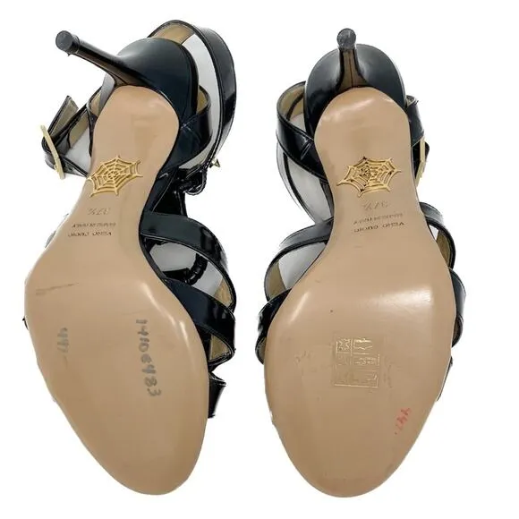 Charlotte Olympia Allure Black Patent Leather Gold Studded Sandal size 37.5