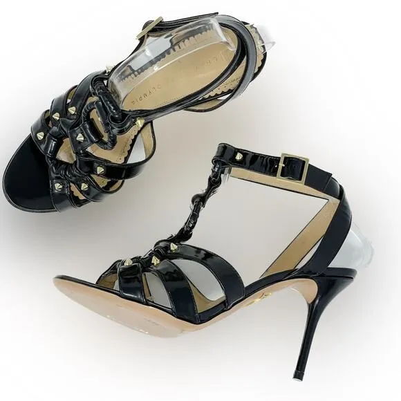 Charlotte Olympia Allure Black Patent Leather Gold Studded Sandal size 37.5