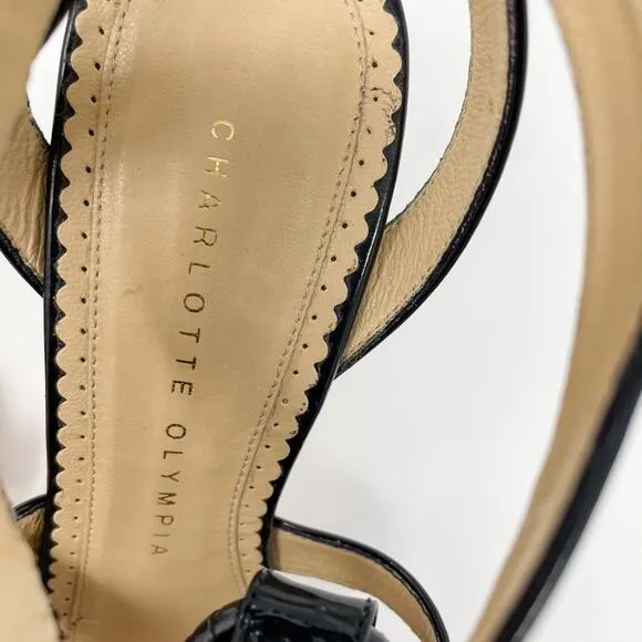 Charlotte Olympia Allure Black Patent Leather Gold Studded Sandal size 37.5