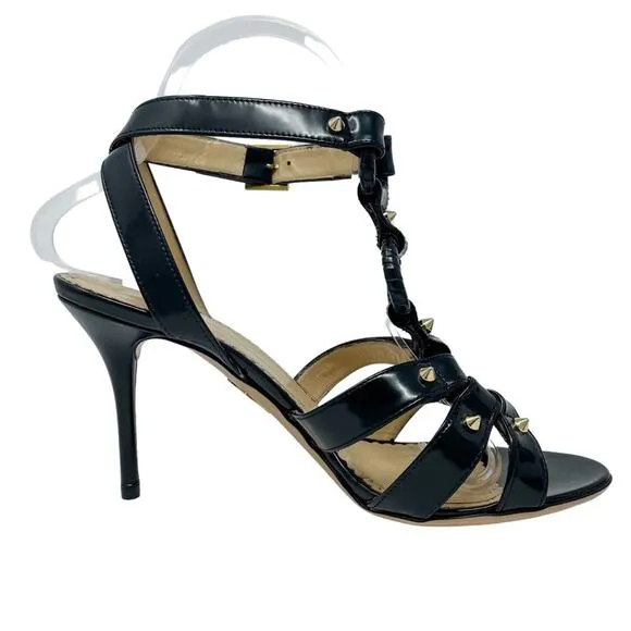 Charlotte Olympia Allure Black Patent Leather Gold Studded Sandal size 37.5