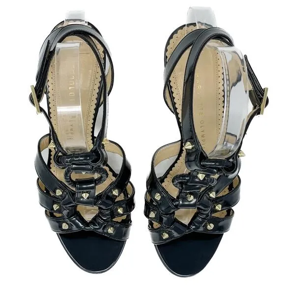 Charlotte Olympia Allure Black Patent Leather Gold Studded Sandal size 37.5