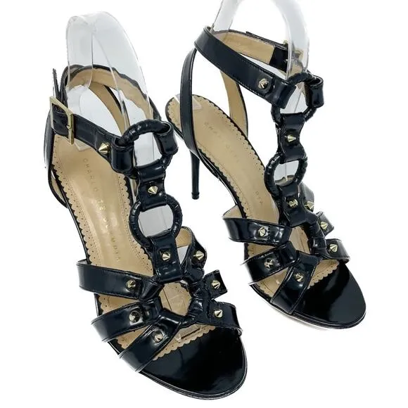 Charlotte Olympia Allure Black Patent Leather Gold Studded Sandal size 37.5