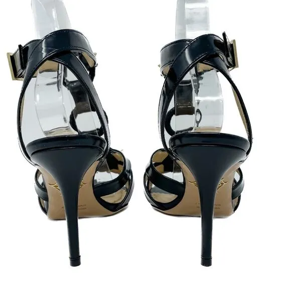 Charlotte Olympia Allure Black Patent Leather Gold Studded Sandal size 37.5