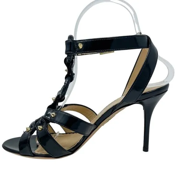 Charlotte Olympia Allure Black Patent Leather Gold Studded Sandal size 37.5