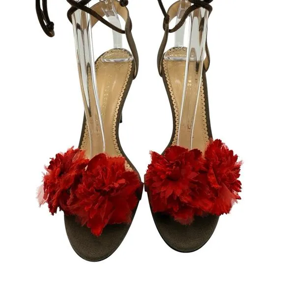 CHARLOTTE OLYMPIA Exotic Salsa Linen Chocolate Brown Heel Size 6.5 Sandals NEW
