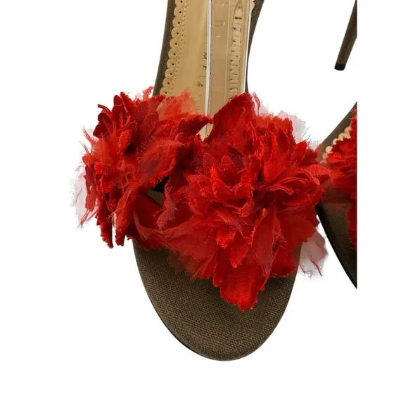 CHARLOTTE OLYMPIA Exotic Salsa Linen Chocolate Brown Heel Size 6.5 Sandals NEW