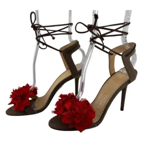 CHARLOTTE OLYMPIA Exotic Salsa Linen Chocolate Brown Heel Size 6.5 Sandals NEW