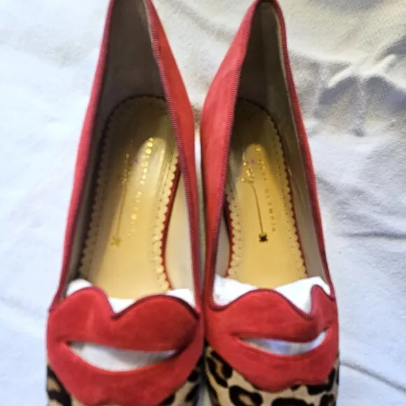 Charlotte Olympia Incy new red suede lips leopard print calfhair girls' flats 33