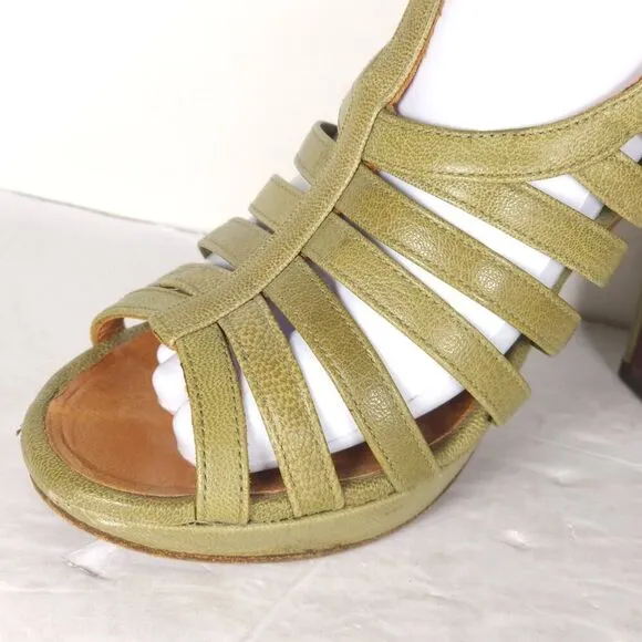 CHIE MIHARA Women's US7-7,5 EU38 Oliv Green Leather Caged Heels Strappy Sandals