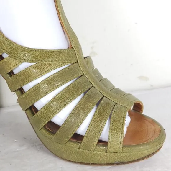 CHIE MIHARA Women's US7-7,5 EU38 Oliv Green Leather Caged Heels Strappy Sandals