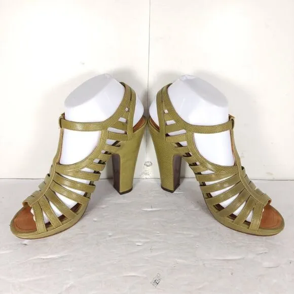 CHIE MIHARA Women's US7-7,5 EU38 Oliv Green Leather Caged Heels Strappy Sandals