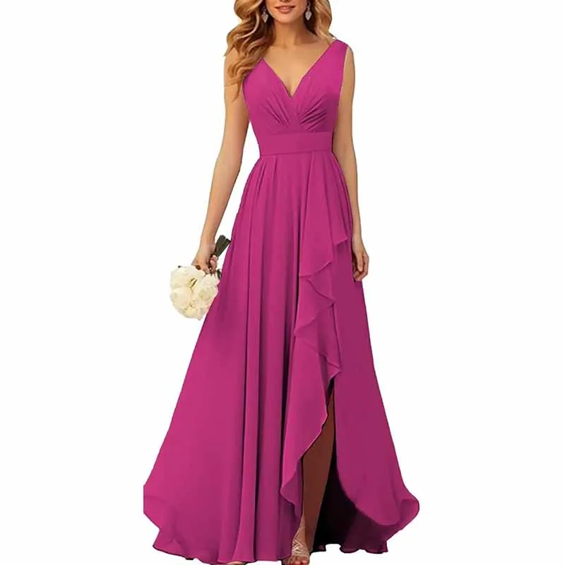 Chiffon Bridesmaid Dresses with Slit Ruffle Pleated Formal Prom Party Dress