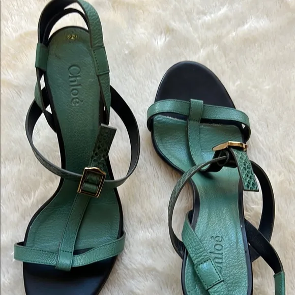Chloé Strappy Mid-Heel Sandals in Green size 8