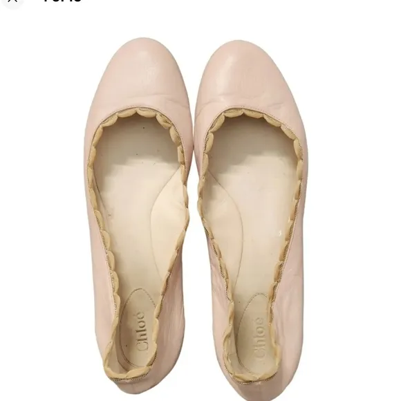 CHLOE ITALY Scalloped Ballerina Flats 39 Tan Leather Slip On Shoes