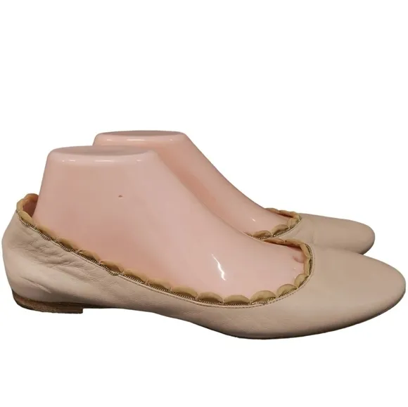 CHLOE ITALY Scalloped Ballerina Flats 39 Tan Leather Slip On Shoes
