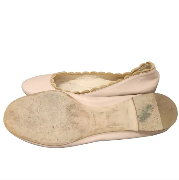CHLOE ITALY Scalloped Ballerina Flats 39 Tan Leather Slip On Shoes