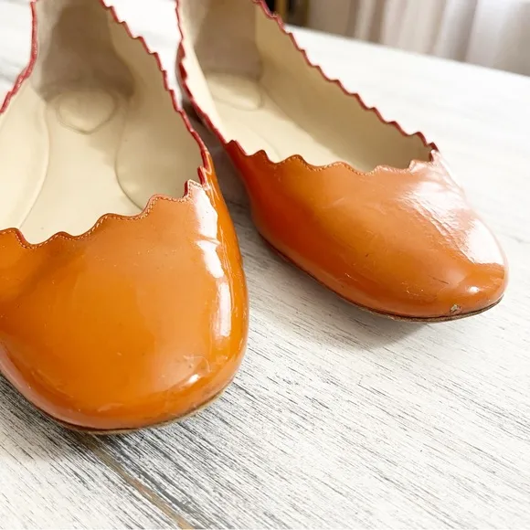 Chloe Orange Leather Ballet Flats with Scalloped Edges size 38