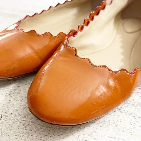 Chloe Orange Leather Ballet Flats with Scalloped Edges size 38