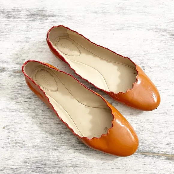Chloe Orange Leather Ballet Flats with Scalloped Edges size 38