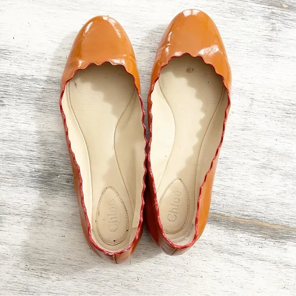 Chloe Orange Leather Ballet Flats with Scalloped Edges size 38