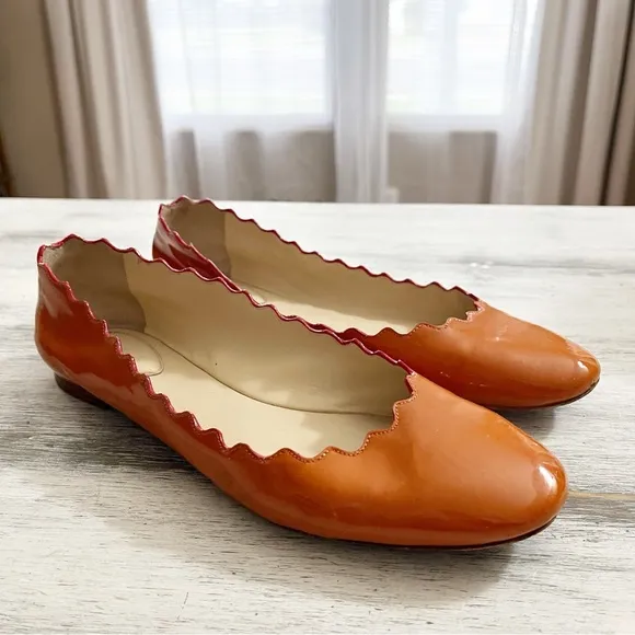 Chloe Orange Leather Ballet Flats with Scalloped Edges size 38