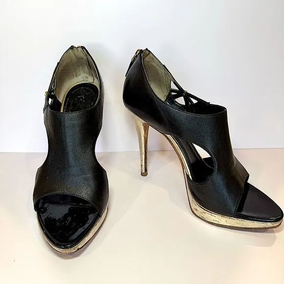 Christian Dior Lolita Black Leather Cutout Open Toe Stilettos W Silver Accents