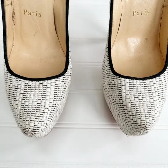 Christian Louboutin Raffia Daffodile Platform Vintage Pattern Pumps Black White