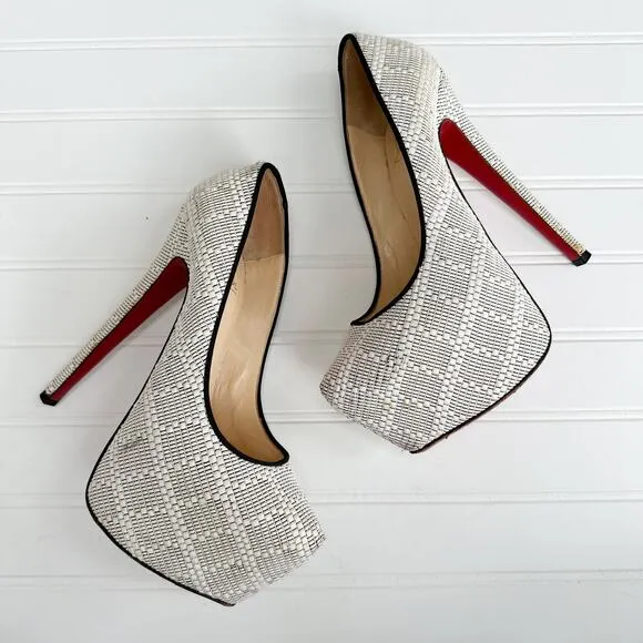 Christian Louboutin Raffia Daffodile Platform Vintage Pattern Pumps Black White