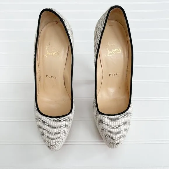 Christian Louboutin Raffia Daffodile Platform Vintage Pattern Pumps Black White