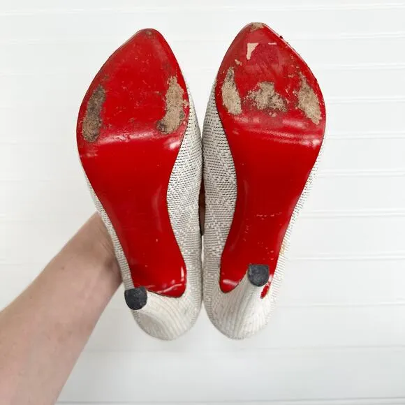 Christian Louboutin Raffia Daffodile Platform Vintage Pattern Pumps Black White