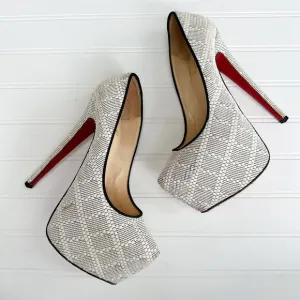 Christian Louboutin Raffia Daffodile Platform Vintage Pattern Pumps Black White