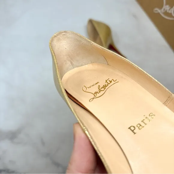 Christian Louboutin Vintage Yoyo 85 Glittery Patent Leather Peep Toe Pumps Gold
