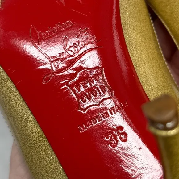 Christian Louboutin Vintage Yoyo 85 Glittery Patent Leather Peep Toe Pumps Gold