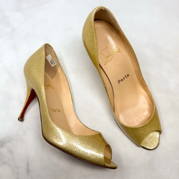 Christian Louboutin Vintage Yoyo 85 Glittery Patent Leather Peep Toe Pumps Gold