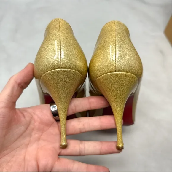Christian Louboutin Vintage Yoyo 85 Glittery Patent Leather Peep Toe Pumps Gold