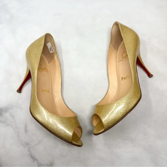 Christian Louboutin Vintage Yoyo 85 Glittery Patent Leather Peep Toe Pumps Gold