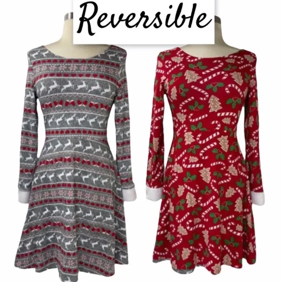 Christmas Dress Reversible Holiday Fair Isle Sweaters Girls Red Size Large