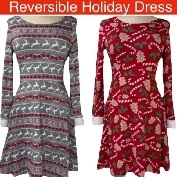 Christmas Dress Reversible Holiday Fair Isle Sweaters Girls Red Size Large
