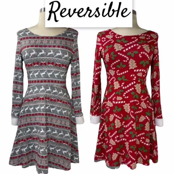 Christmas Dress Reversible Holiday Fair Isle Sweaters Girls Red Size Large