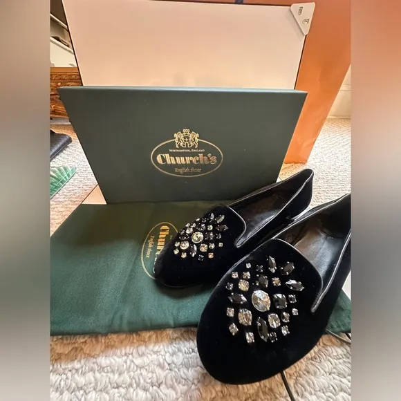 Church’s Luxury Velvet Jeweled Flats by Prada New with Box➕Dust Bags Sz 38.5