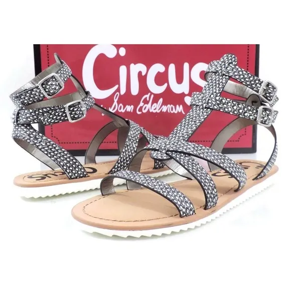 Circus by Sam Edelman Selma Strappy Gladiator Flat Sandal Black / White Size 7