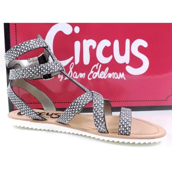 Circus by Sam Edelman Selma Strappy Gladiator Flat Sandal Black / White Size 7