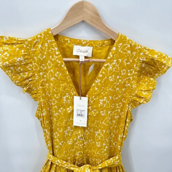 CLEOBELLA NWT Zia Organic CottonRuffle Tie Waist Mini Dress in Mustard // S